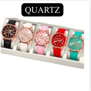 QUARTZ WATCH SET: Black, White, Pink, Red, and Teal, NIP